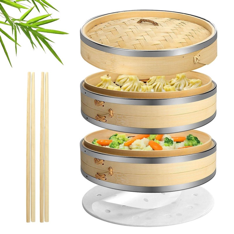 Flexzion Bamboo Steamer Basket Set (8 inch) with Stainless Steel Banding, 50 x Steamer Liners and 2 Pairs of Chopsticks, Steam Baskets for DimSum Dumplings, Rice, Vegetables, Fish and Meat - Image 1
